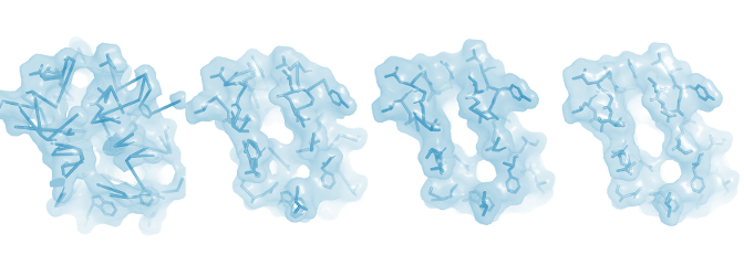 Four snapshots of a protein structure being refined step by step by the generative model